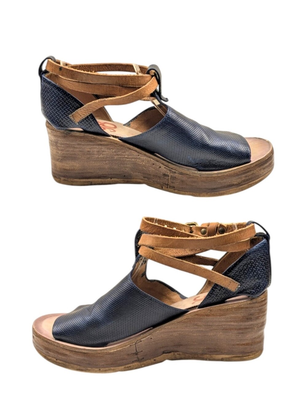 A.S.98 Nino Leather Platform Wedge Sandals Navy Ankle Wrap EU 40 US 9/9.5 S4114 - Picture 6 of 13